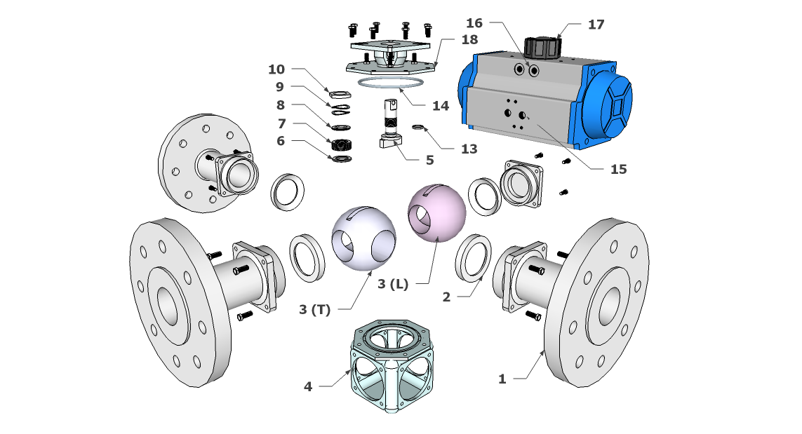 Double Acting 3 way flanged stainless steel ball valve