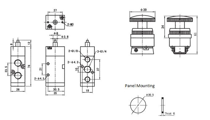5 way 2 position palm button latching valve